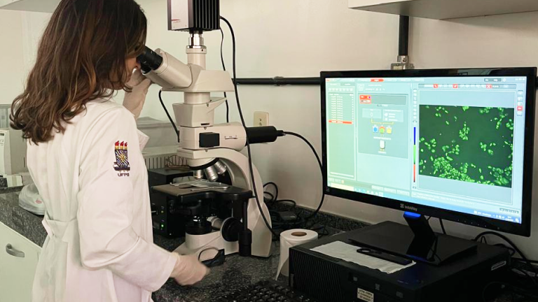 Profa. Laís Gonçalves analisando o resultado do teste do cometa realizado pela aluna Glaucianne Andrade