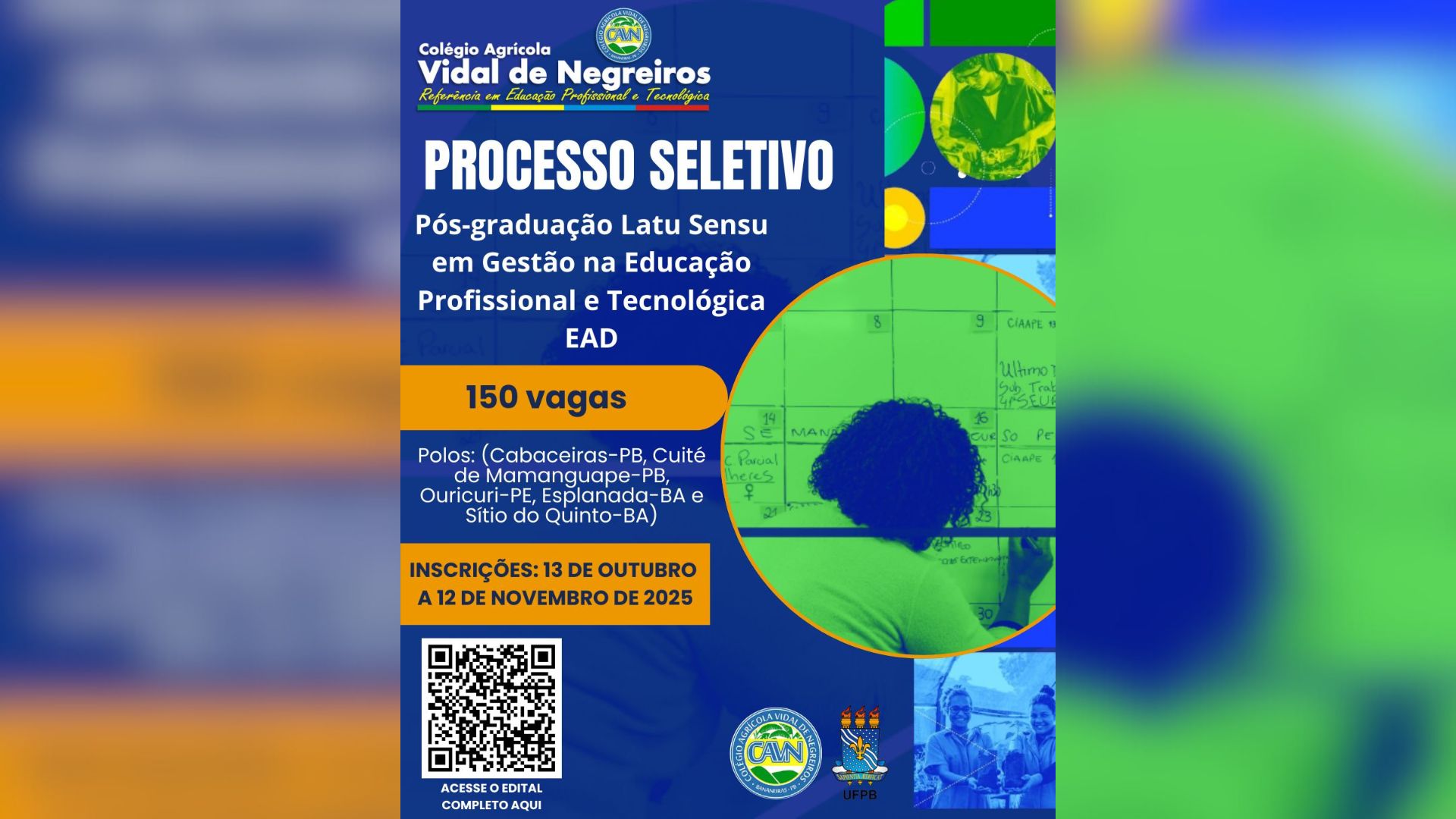 UFPB abre seleção com 150 vagas em pós em Gestão na Educação Profissional e Tecnológica (EAD)